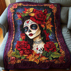 Catrina in Red Roses quilted throw – catrina with red roses in a purple frame