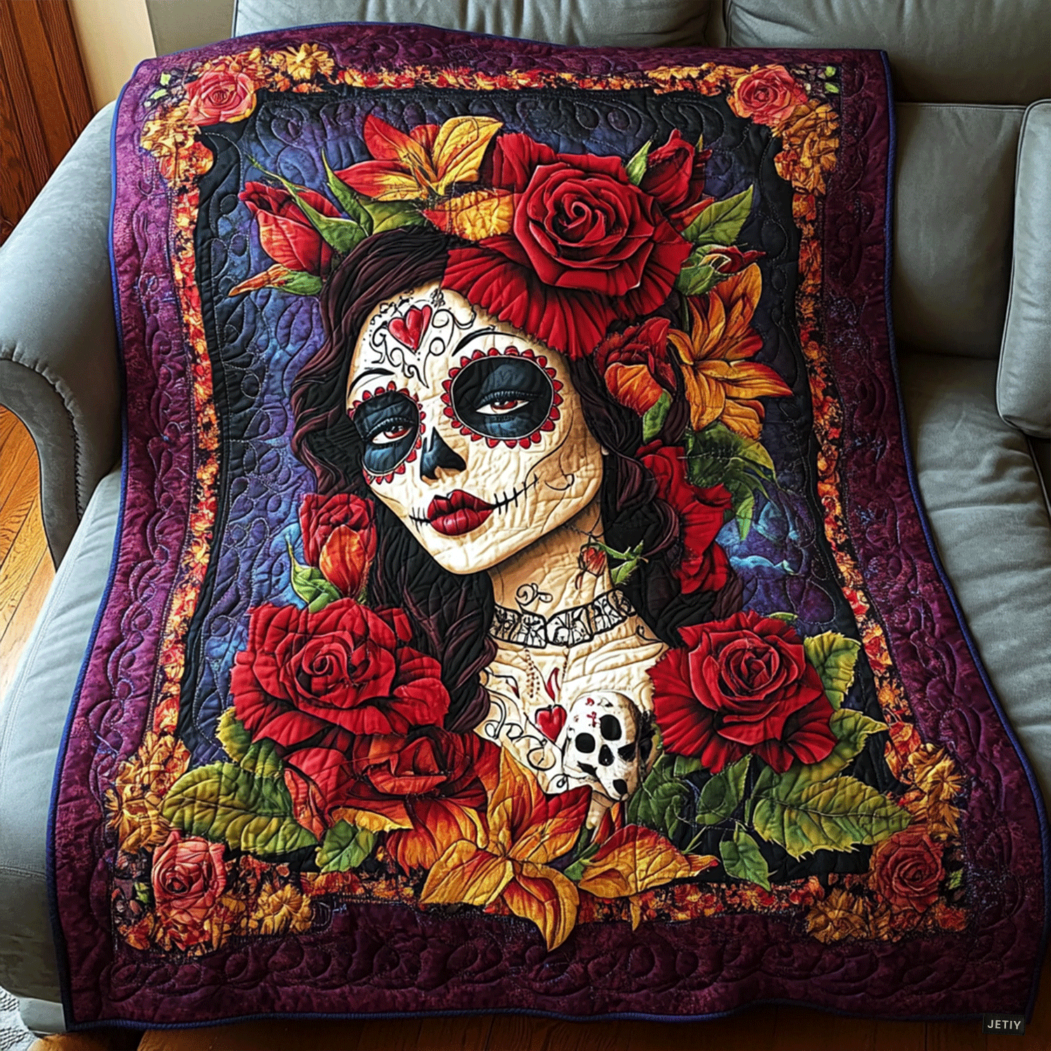 Catrina in Red Roses quilted throw – catrina with red roses in a purple frame