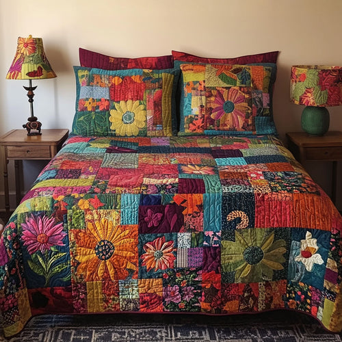 Bohemian Patchwork quilted bedspread set – bright floral patchwork squares