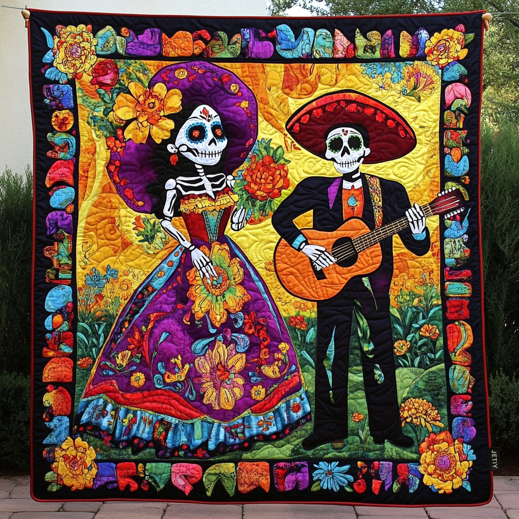 Fiesta Skeletons quilted throw – skeleton couple with a guitar and flowers