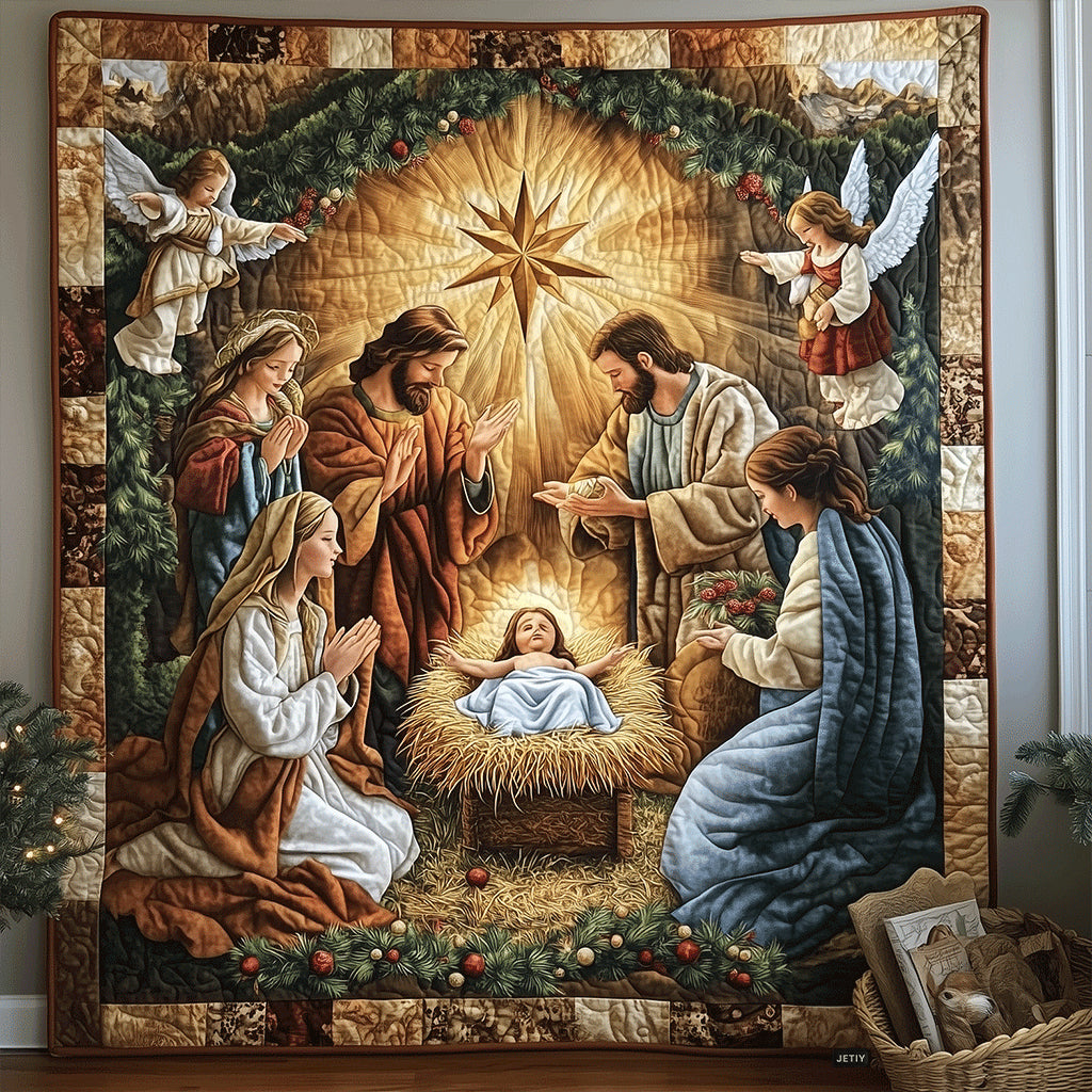 Star of Bethlehem quilted throw – holy Family beneath the Star of Bethlehem