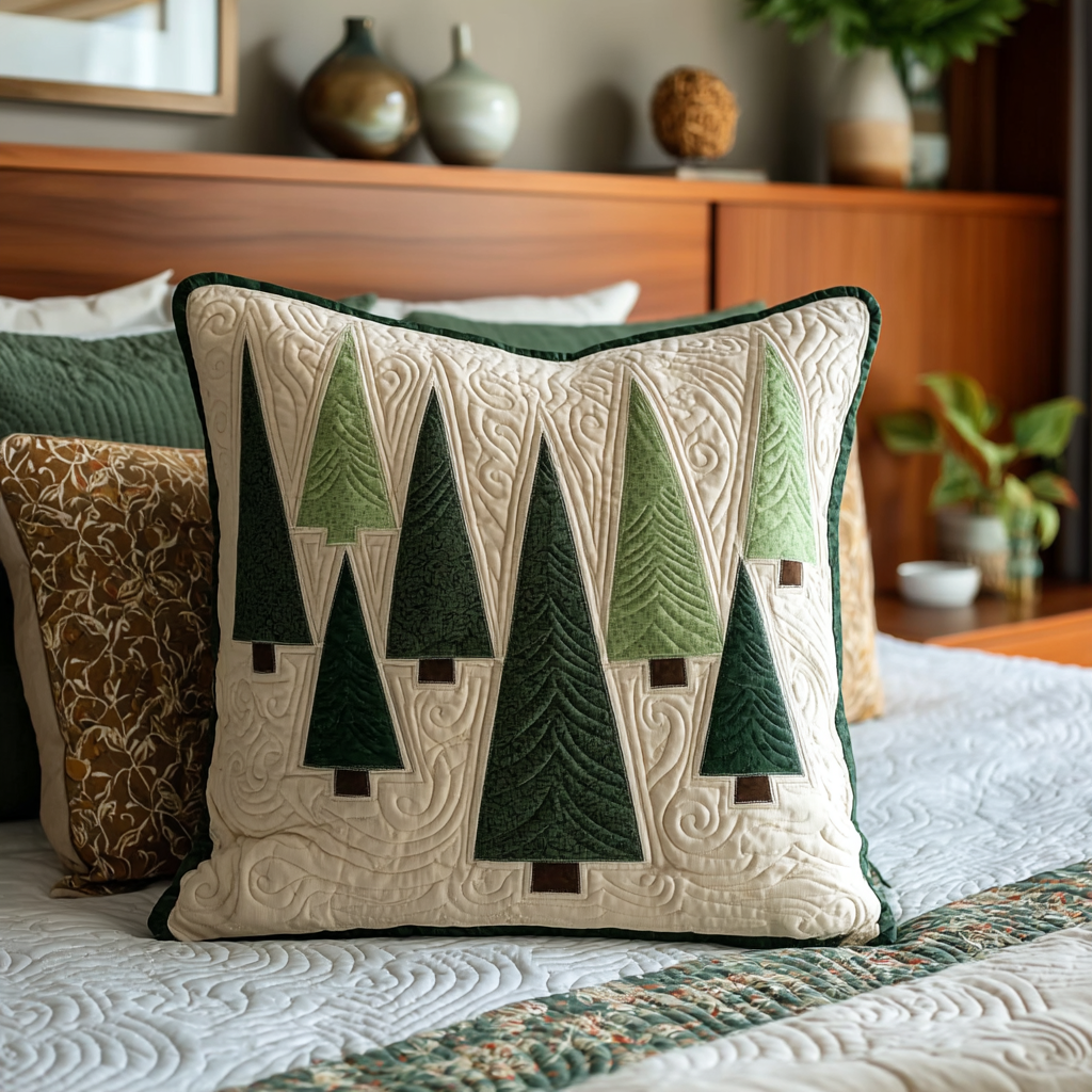 Evergreen Trees quilted pillowcase – green fir trees on cream