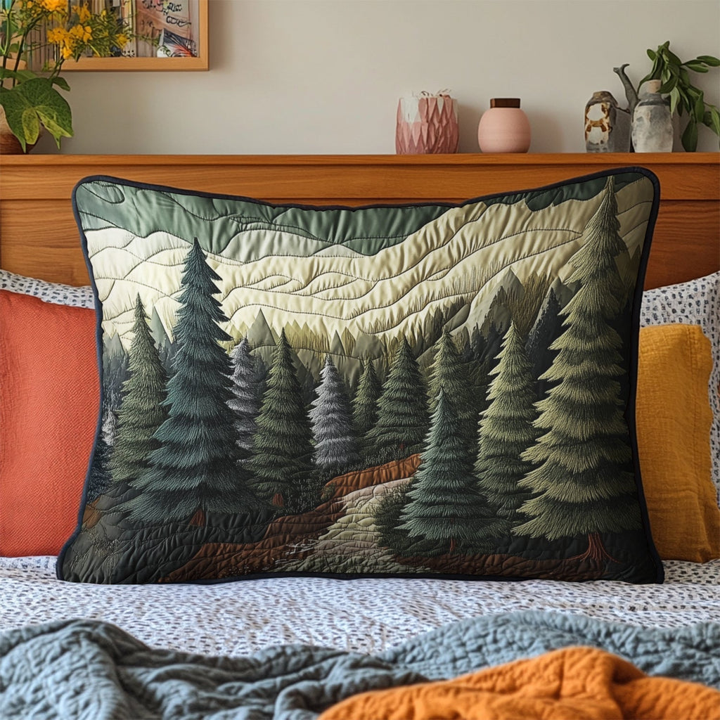 Misty Pine Valley quilted pillowcase – dark pines beneath misty hills