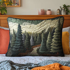 Misty Pine Valley quilted pillowcase – dark pines beneath misty hills