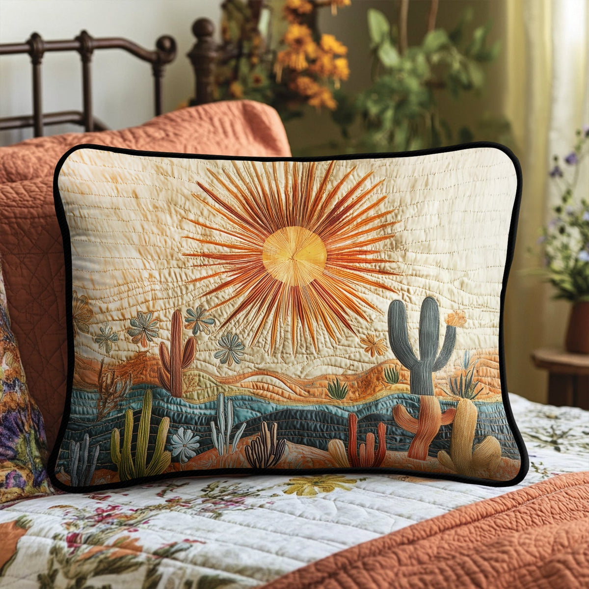 Desert Sunrise quilted pillowcase – golden sun rising over cacti