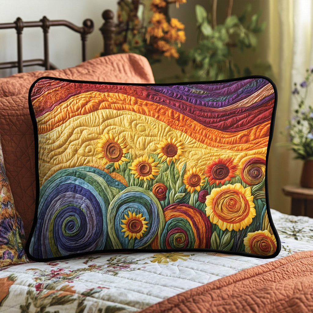 Swirling Sunflowers quilted pillowcase – sunflowers among swirling bands