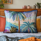 Painted Palms quilted pillowcase – tall palms above purple plants