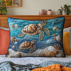 Sea Turtles and Shells quilted pillowcase – sea turtles above shells and pebbles