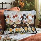 Cows on the Fence quilted pillowcase – cows peering over a fence with daisies