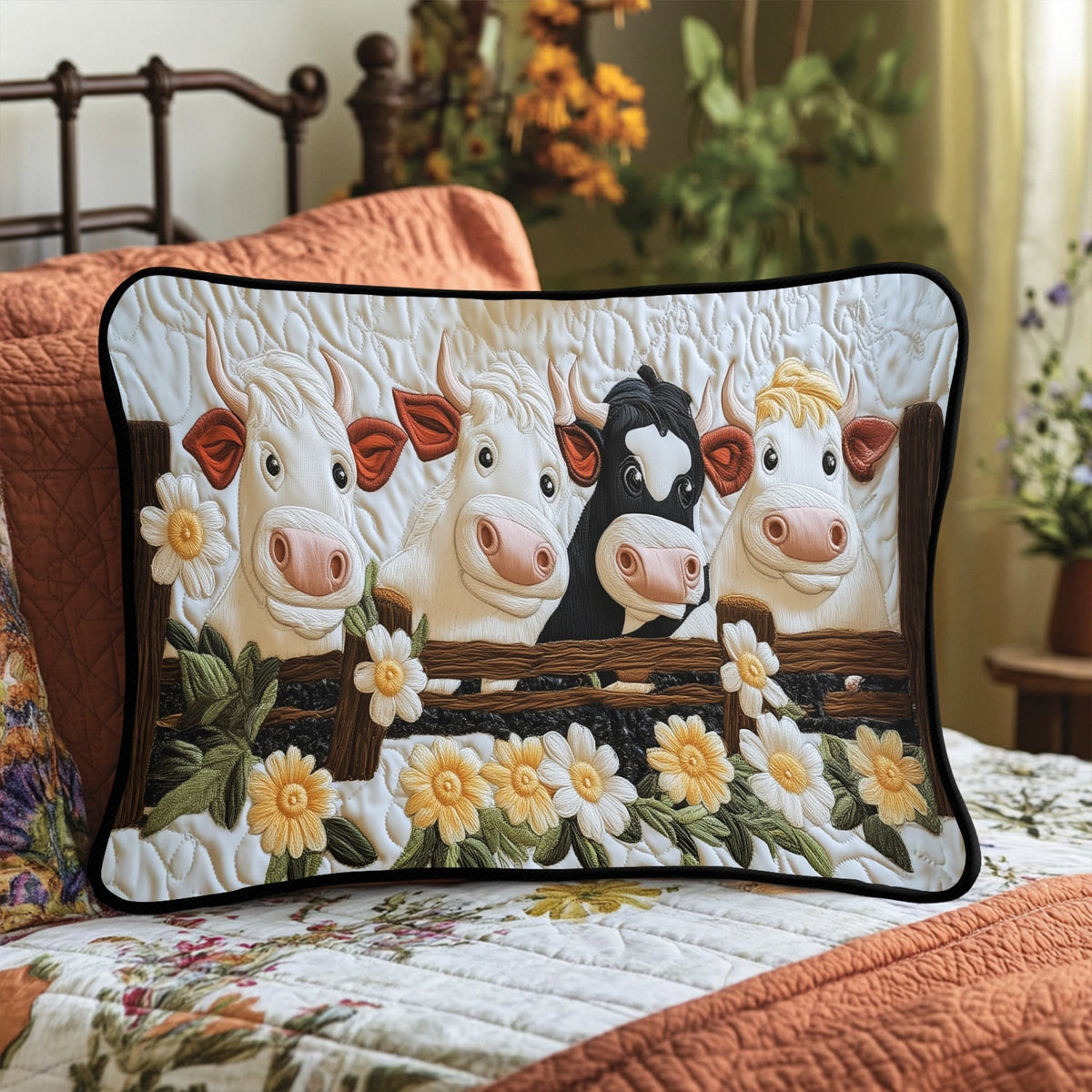 Cows on the Fence quilted pillowcase – cows peering over a fence with daisies