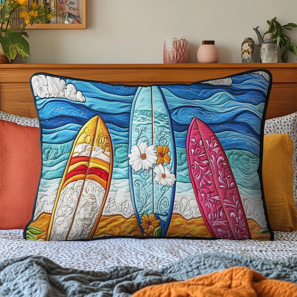 Surfboards and Hibiscus quilted pillowcase – surfboards with hibiscus before blue waves