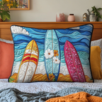 Surfboards and Hibiscus quilted pillowcase – surfboards with hibiscus before blue waves