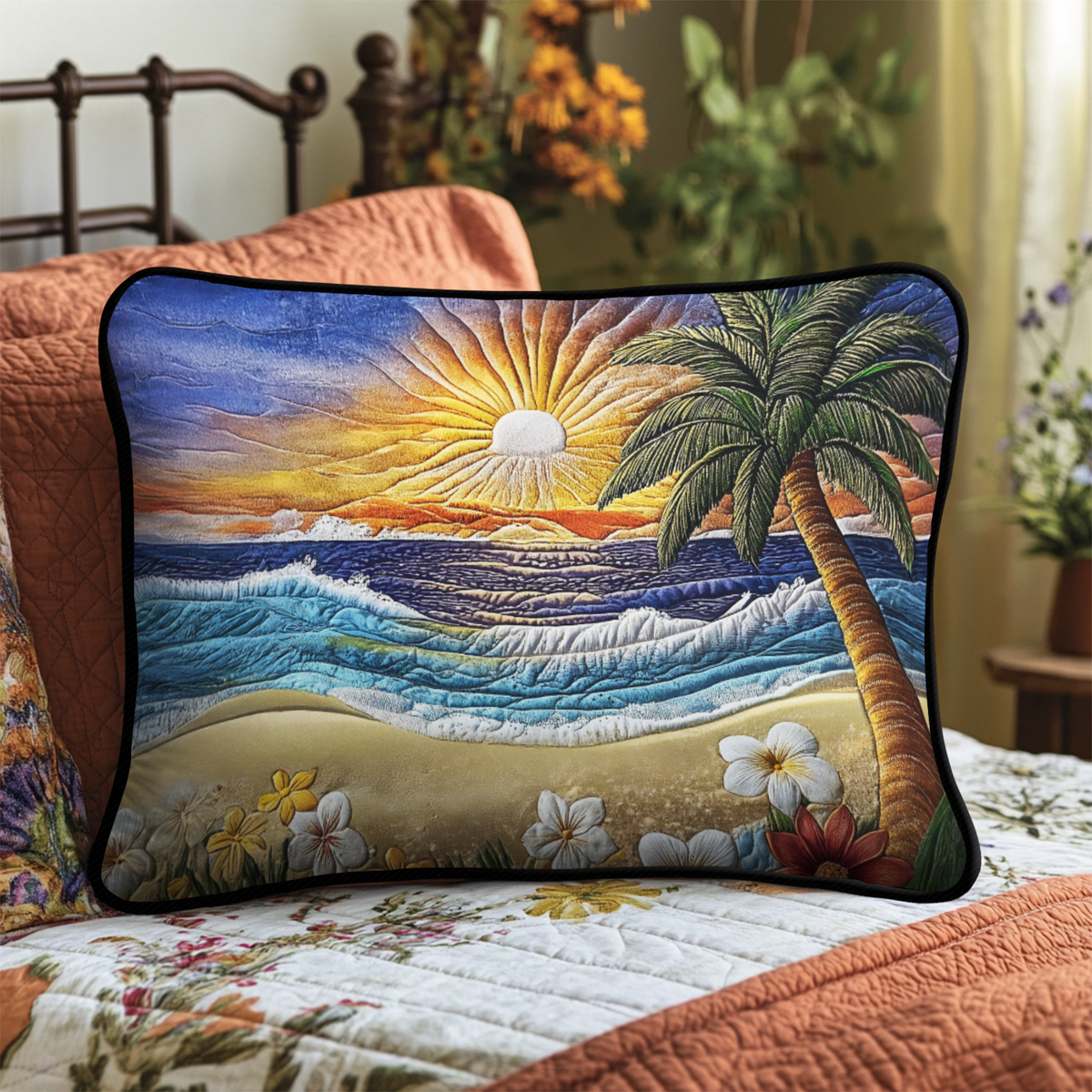 Sunset Waves and Palm quilted pillowcase – waves beneath a golden sunset and palm