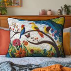 Songbirds on the Branch quilted pillowcase – bright songbirds above garden flowers