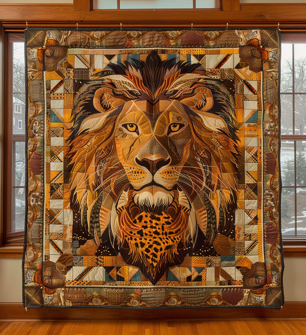 Patchwork Lion quilted throw – golden lion in geometric patchwork