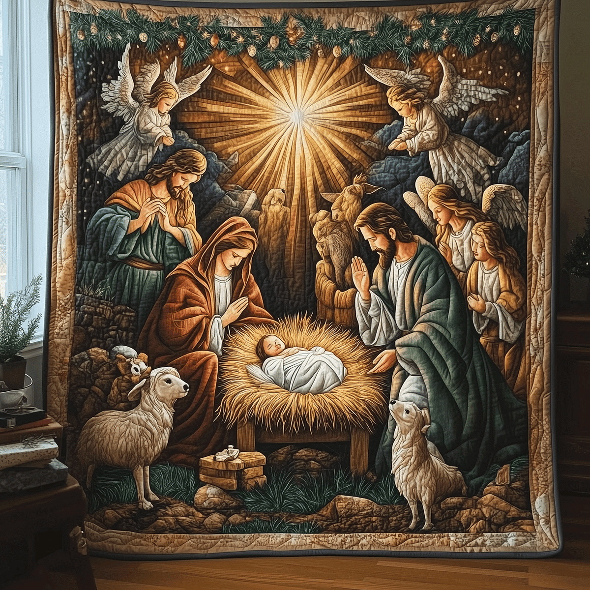 Nativity with Angels quilted throw – holy Family with angels and sheep
