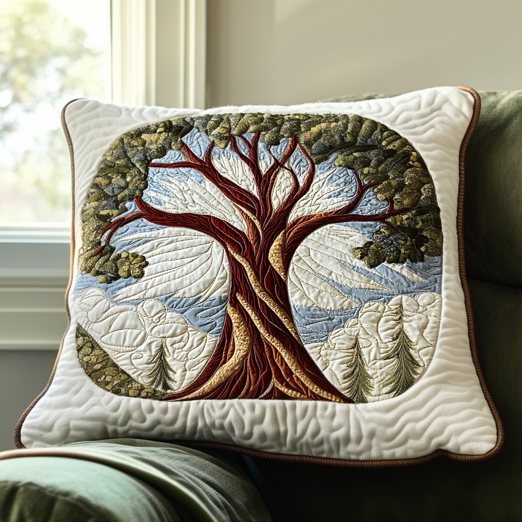 Oak Tree Circle quilted pillowcase – oak with twisting roots in a green circle