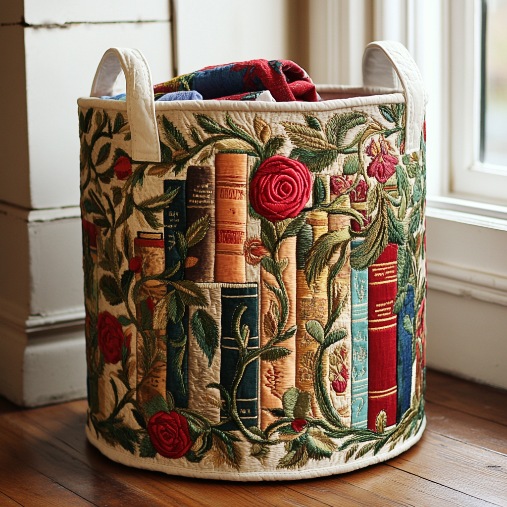 Quilted laundry basket with stacked books, pressed leaves and feathers in the Nature's Library design