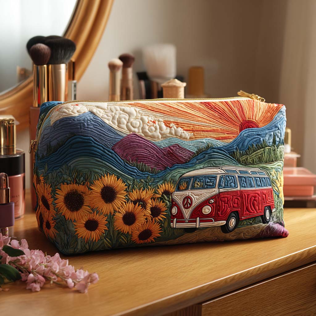 Quilted make-up bag with a retro camper van rolling through open countryside past large daisies and rolling fields under a soft seventies sky in the Nature Dream Ride design