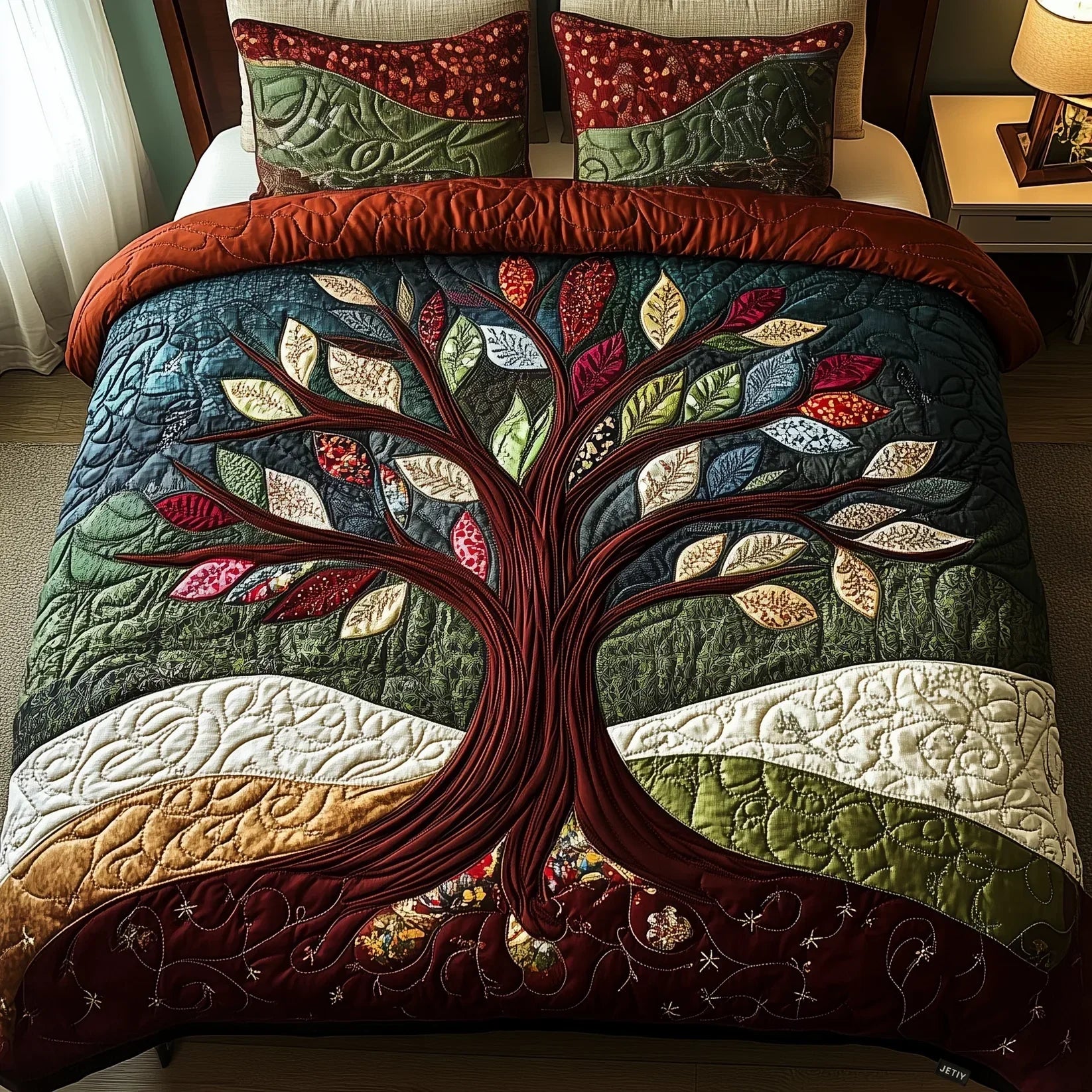 Quilted bedspread set with botanical leaves, seed heads and open flowers on soft sage in the Nature's Embrace design