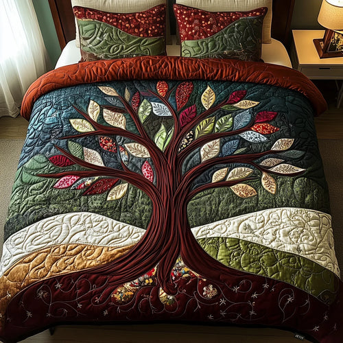 Quilted bedspread set with botanical leaves, seed heads and open flowers on soft sage in the Nature's Embrace design
