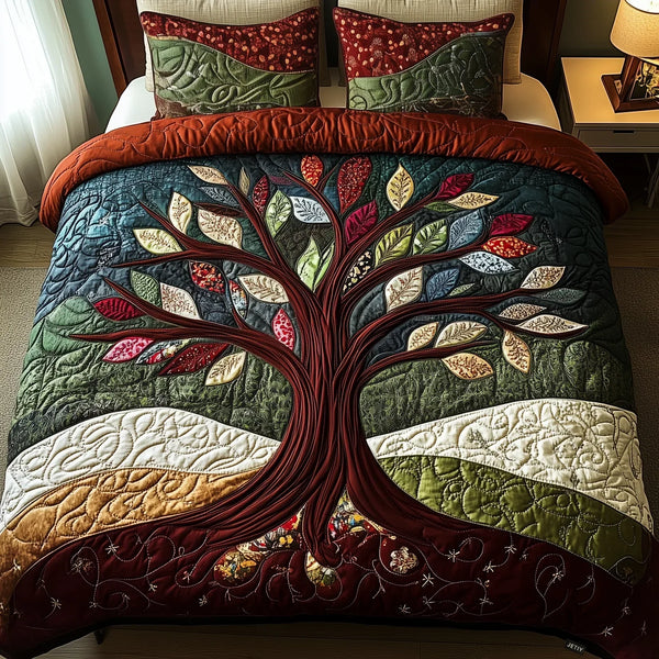 Quilted bedspread set with botanical leaves, seed heads and open flowers on soft sage in the Nature's Embrace design