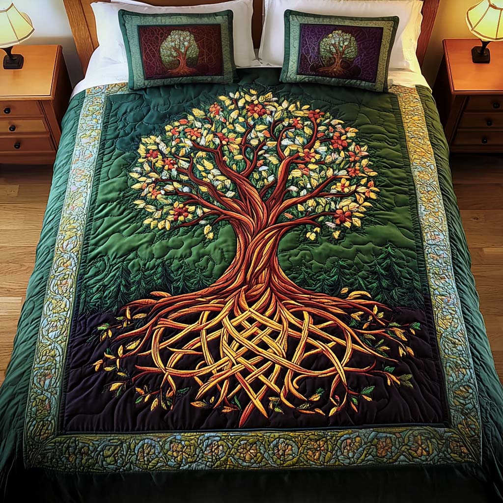 Celtic Autumn Tree quilted bedspread set – autumn tree of life with knotted roots