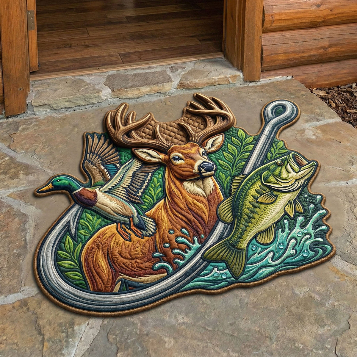 Nature Hunt shaped doormat – stag, duck and bass