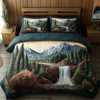 Mountain Waterfall quilted bedspread set – waterfall through pine forest