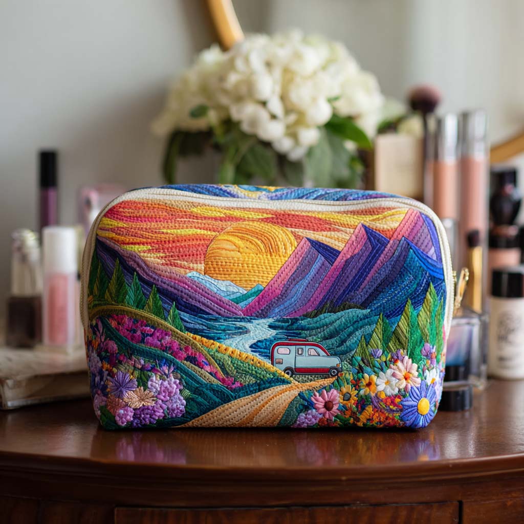Quilted make-up bag with a retro camper van following a winding road through wildflower meadows of daisies, poppies and long grasses in the Nature's Journey design