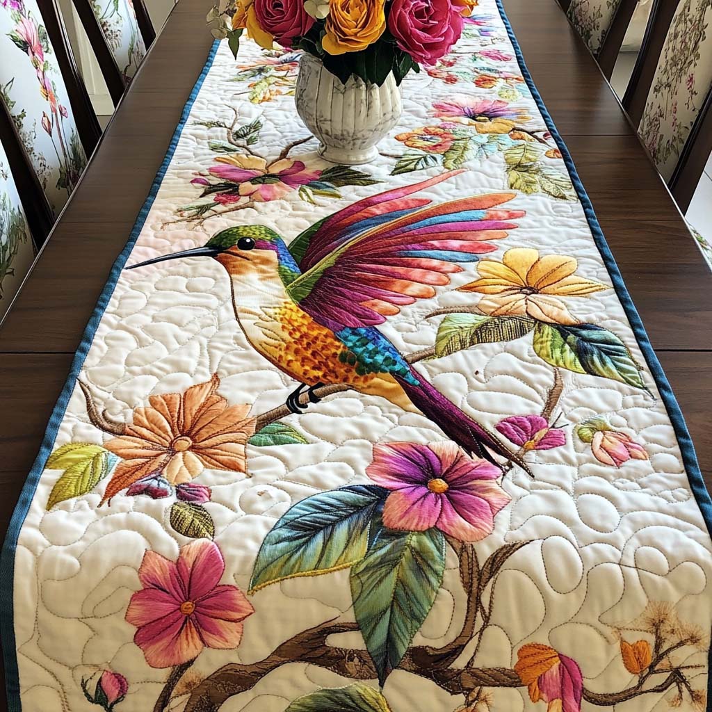 Rainbow Hummingbird quilted table runner – rainbow hummingbird at flowers