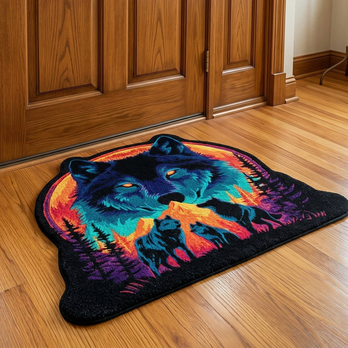 Neon Wolf Pack shaped doormat – wolves at sunset