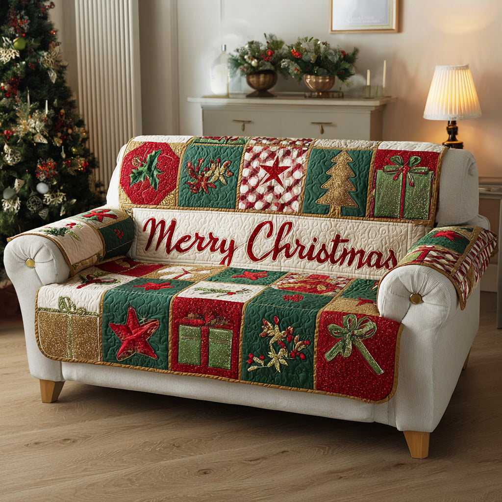 Merry Christmas Patchwork quilted sofa cover – merry Christmas banner patchwork