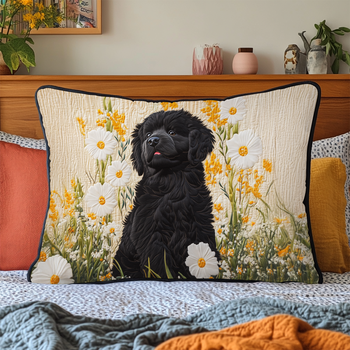 Black Dog and Daisies quilted pillowcase – fluffy black dog among white daisies