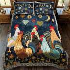 Roosters by Moonlight quilted bedspread set – roosters beneath a moon on navy