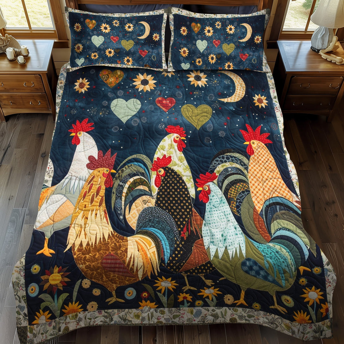 Roosters by Moonlight quilted bedspread set – roosters beneath a moon on navy