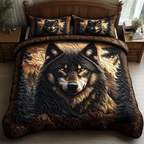Golden Wolf quilted bedspread set – grey wolf in a glowing golden forest
