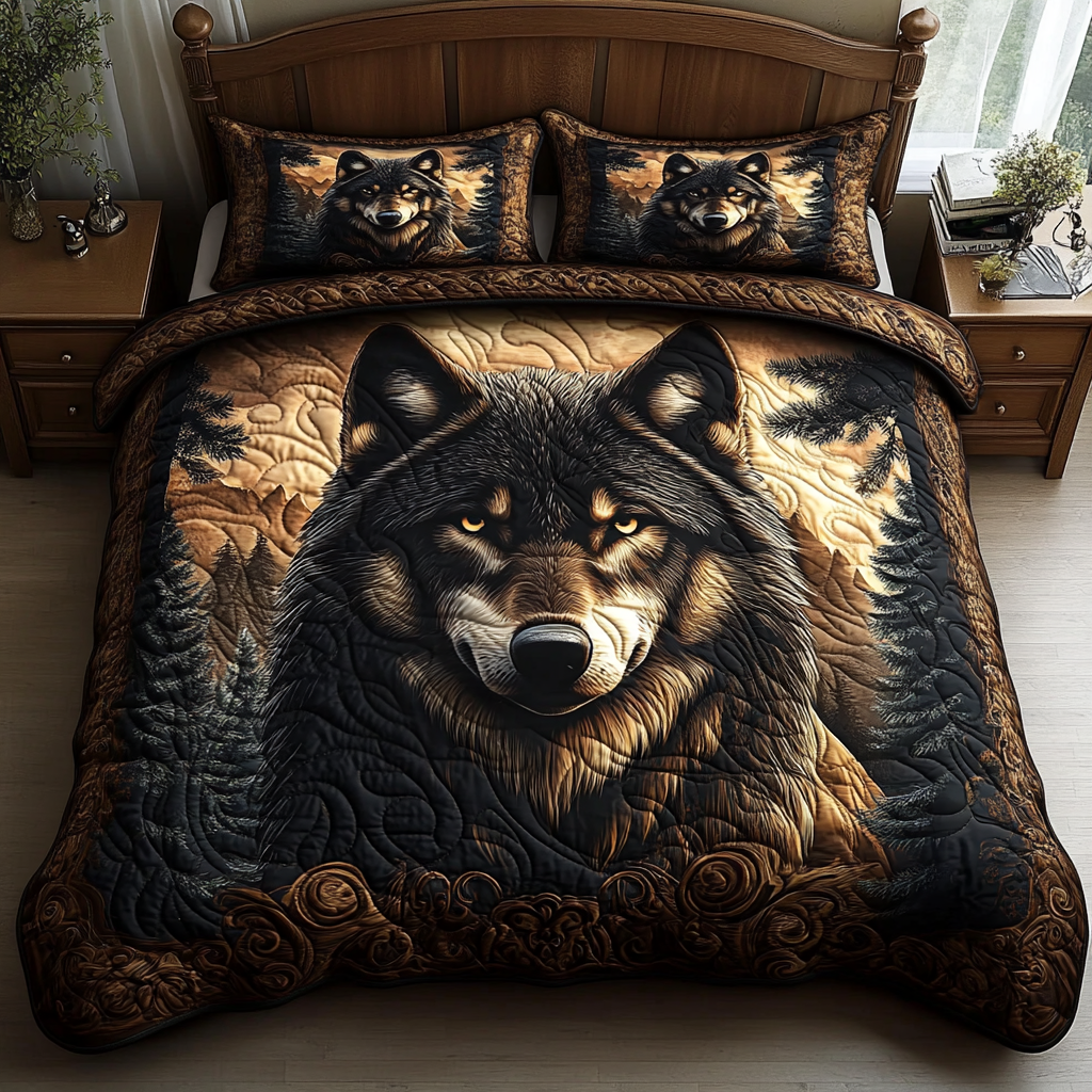 Golden Wolf quilted bedspread set – grey wolf in a glowing golden forest