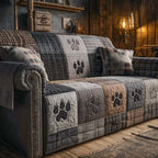 Nightfall Paws quilted sofa cover with charcoal, slate, stone and pewter squares carrying paw prints