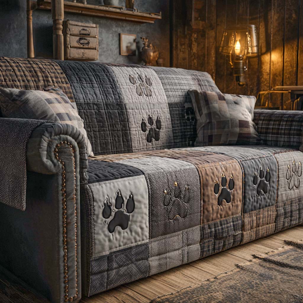 Nightfall Paws quilted sofa cover with charcoal, slate, stone and pewter squares carrying paw prints