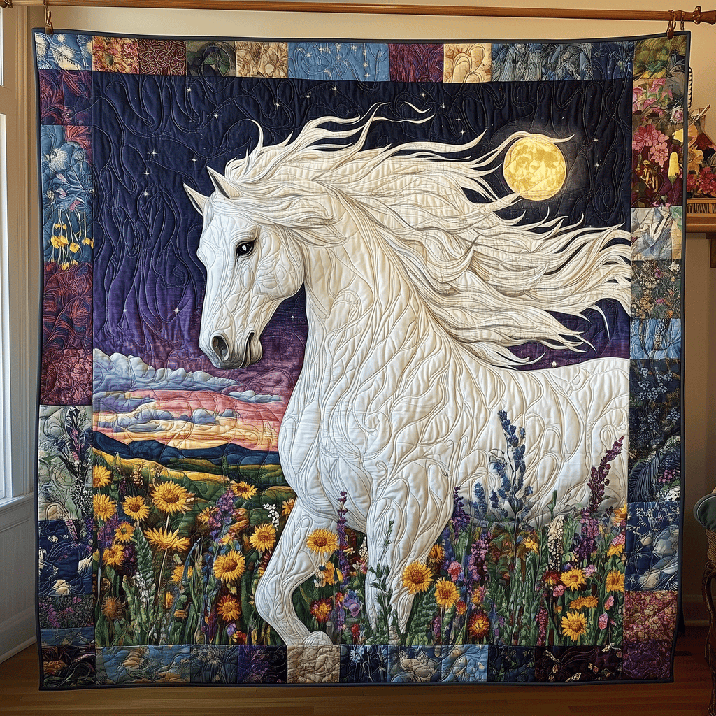 Sunset Meadow Stallion art quilt – stallion at dusk