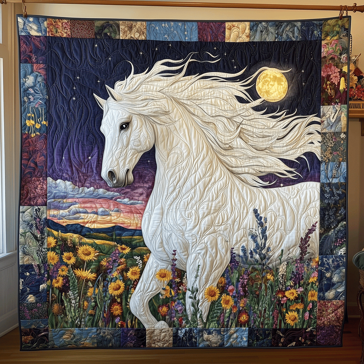 Sunset Meadow Stallion art quilt – stallion at dusk