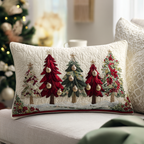 Red and Green Firs quilted pillowcase – red and green firs on snowy white