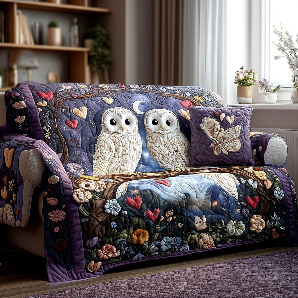 Snowy Owls Night quilted sofa cover – snowy owls on purple night