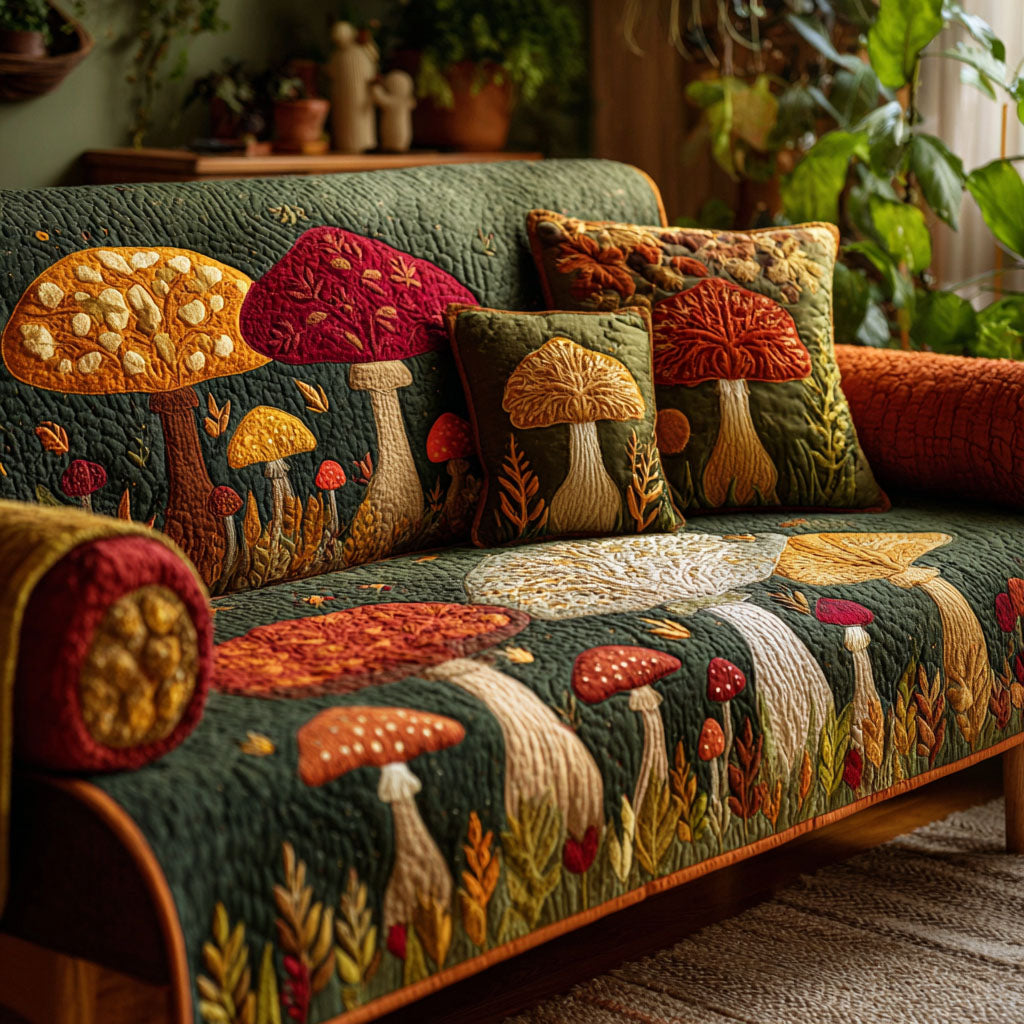 Toadstool Forest Floor quilted sofa cover – toadstools among ferns on green