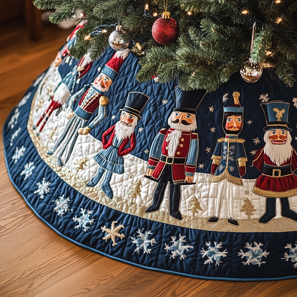 Nutcracker and Santa quilted Christmas tree skirt – nutcrackers and Santa above a navy snowflake border