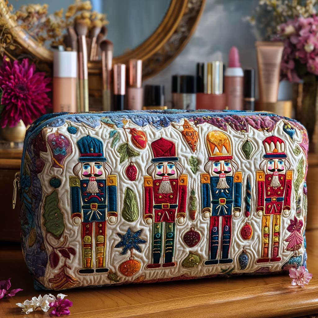 Quilted make-up bag with a nutcracker lit by warm amber and cream candlelight, snowflakes drifting in the darker background, in the Nutcracker Glow design