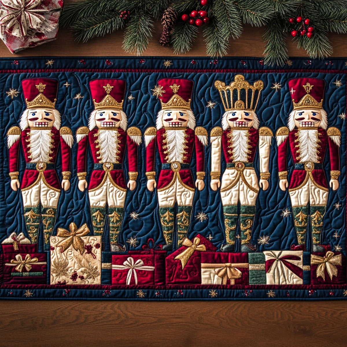 Nutcracker Gift Row quilted table runner – nutcrackers above gifts