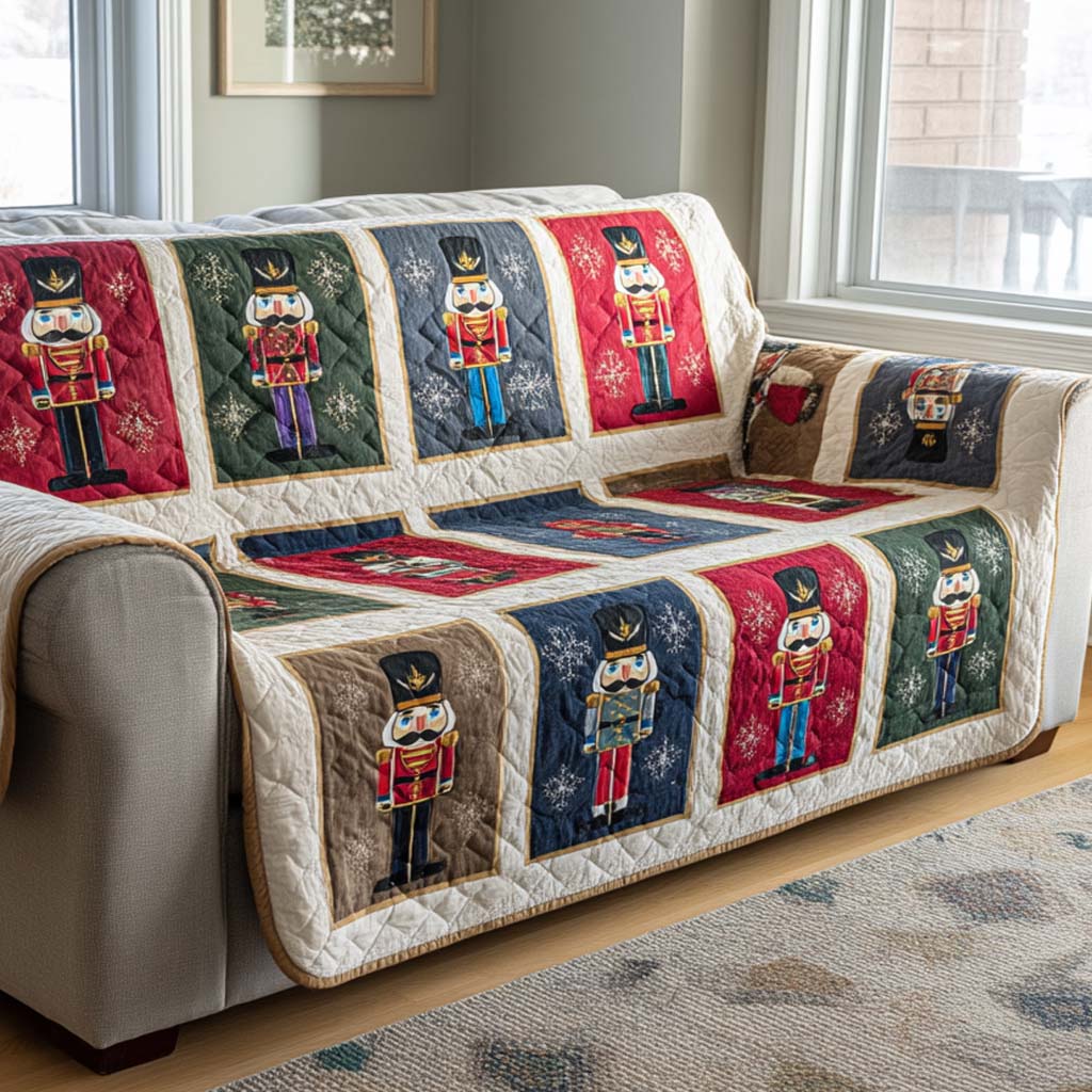 Nutcracker Panels quilted sofa cover – nutcrackers in coloured panels