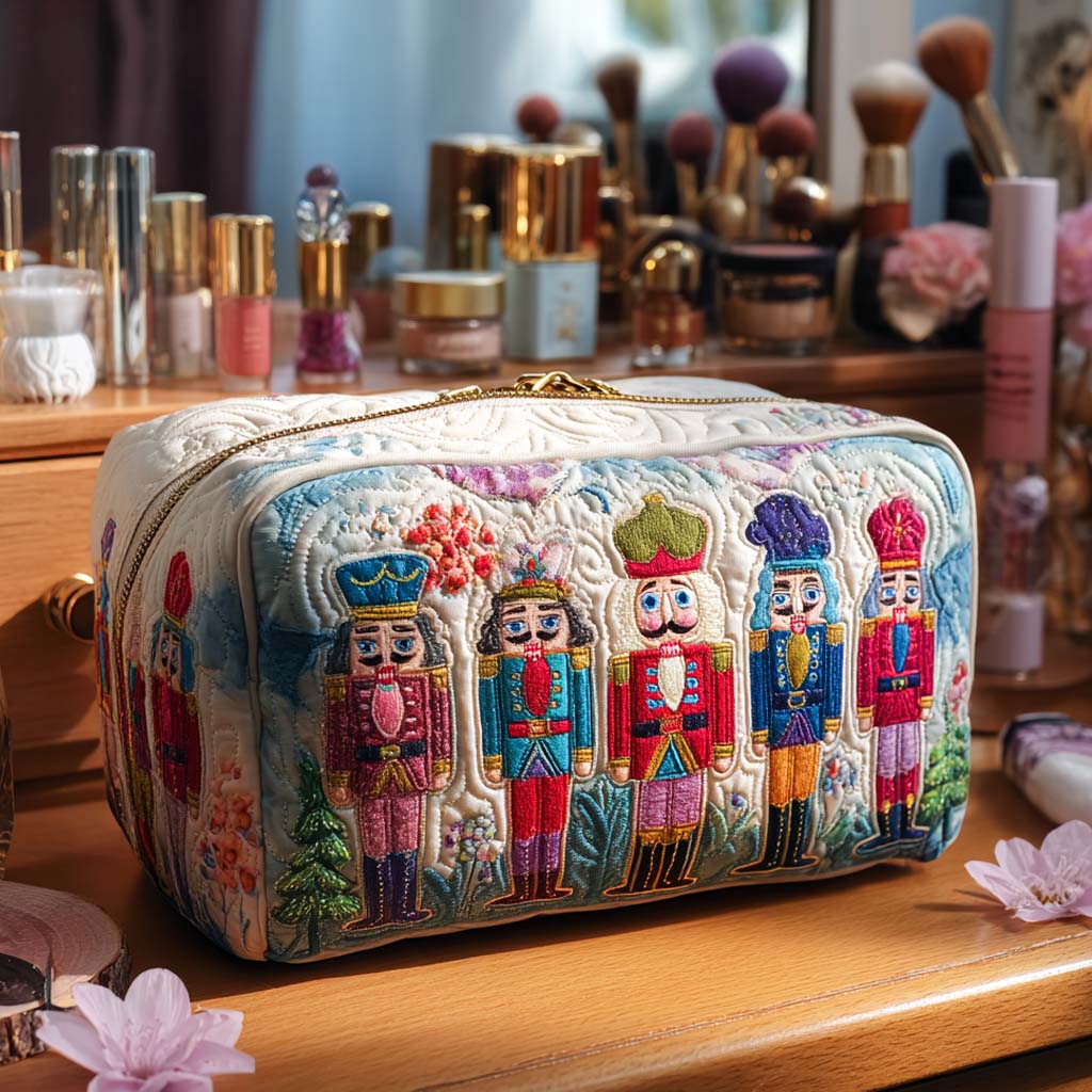Quilted make-up bag with a nutcracker in jewel-bright emerald, ruby and gold standing amongst wrapped parcels, ribboned boxes and gilded ornaments in the Nutcracker Treasure design